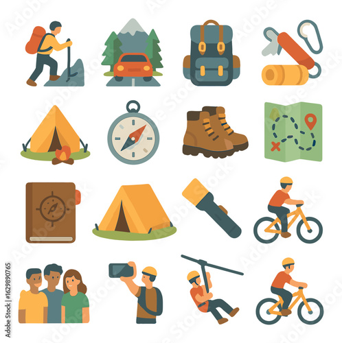 Outdoor adventure icons: camping, hiking, biking, and more