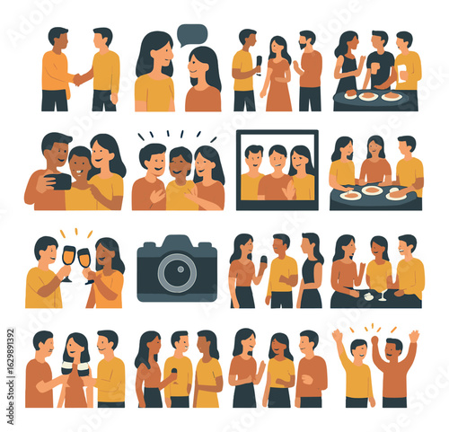 Diverse group socializing and taking photos at a gathering event