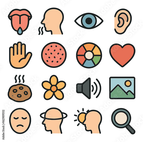 Colorful icons representing senses and emotions with flat design