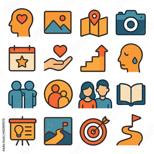 Icons of emotion and growth: heart, map, camera, chart