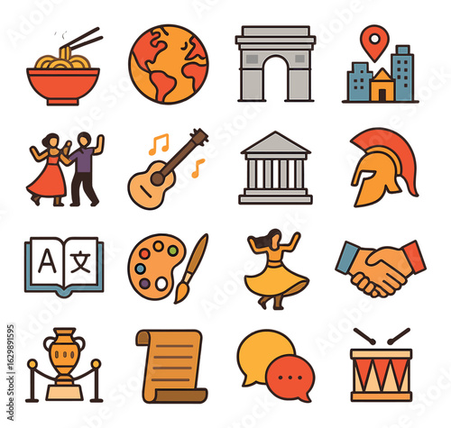 Cultural symbols icons set featuring dance, music, architecture, and art elements