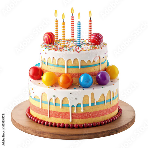 Two tier birthday cake with colorful decorations and lit candles isolated on transparent background