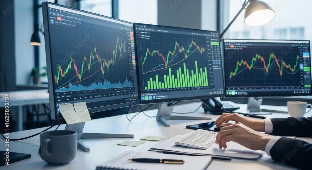 Fototapeta premium Trader analyzing stock market data on multiple computer screens in the office