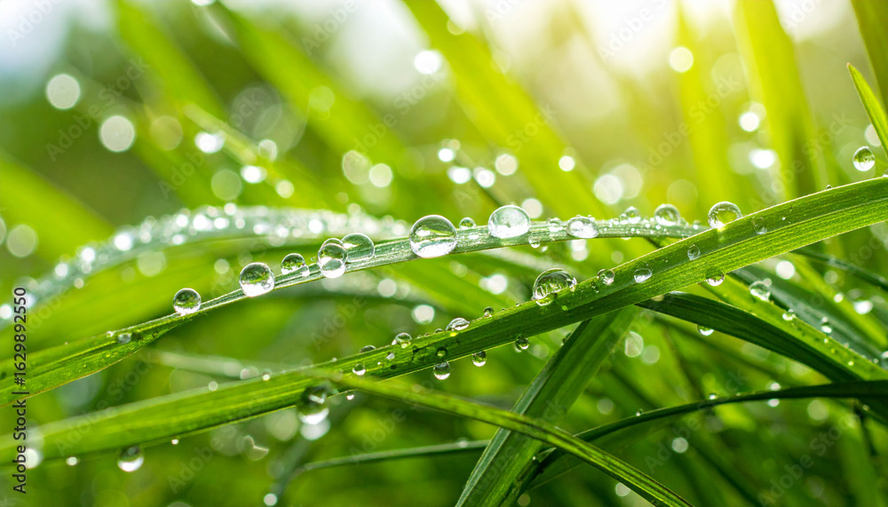 Naklejka premium a close up view of a vibrant grassy field with droplets of water resting atop it. the sunlight filters through the scene, creating an ethereal effect and enhancing the green hues of the grass