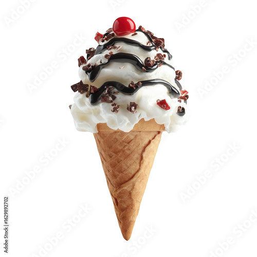 A creamy vanilla ice cream cone topped with chocolate syrup, chopped chocolate pieces, and a cherry
