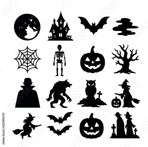 Halloween silhouettes: bats, pumpkins, skeleton, witch, haunted house, moon, tree, owl