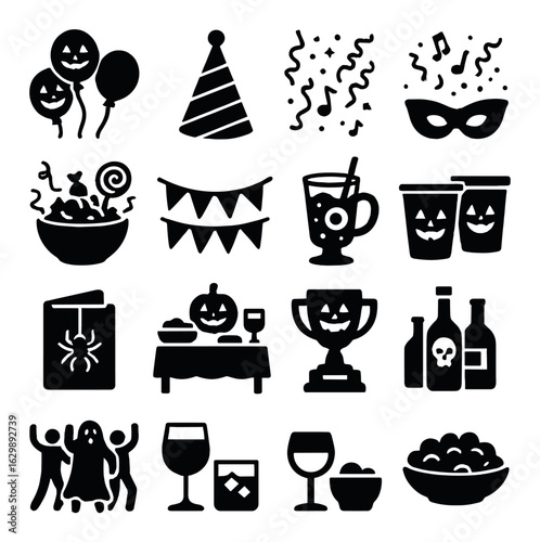 Halloween party icons set with balloons, confetti, masks, drinks, and decorations
