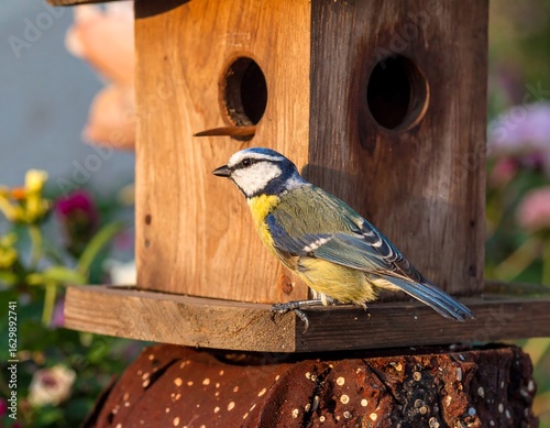 Blue Tit bird on a wooden birdhouse
