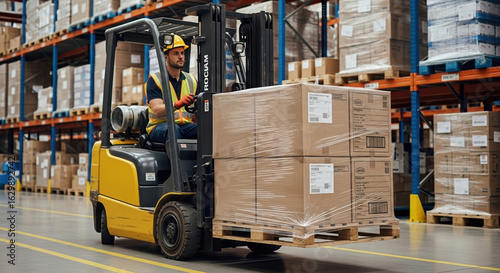 Operating forklift inside warehouse, worker operates forklift to transport packaged goods, ensuring safe and efficient material handling. Inside industrial warehouse,