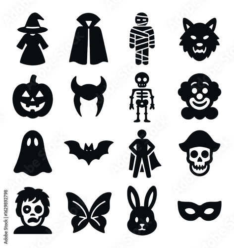 Halloween costume icons: witch, vampire, mummy, werewolf, and more