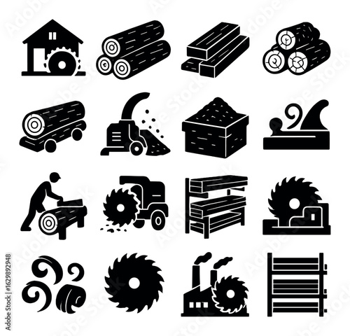Lumber and sawmill icons set: logs, saws, woodworking tools, industrial symbols