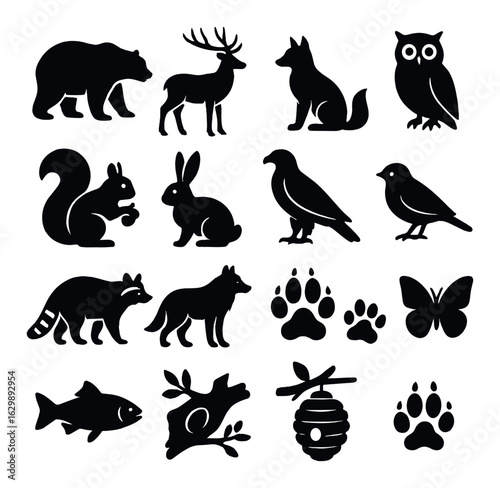 Silhouettes of wildlife and nature icons: bear, deer, fox, owl, squirrel, rabbit, birds, raccoon, wolf, fish, butterfly