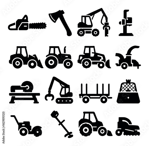 Silhouette icons of agriculture and forestry machinery and tools