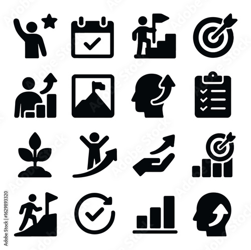 Business growth icons: success, strategy, achievement, and innovation symbols