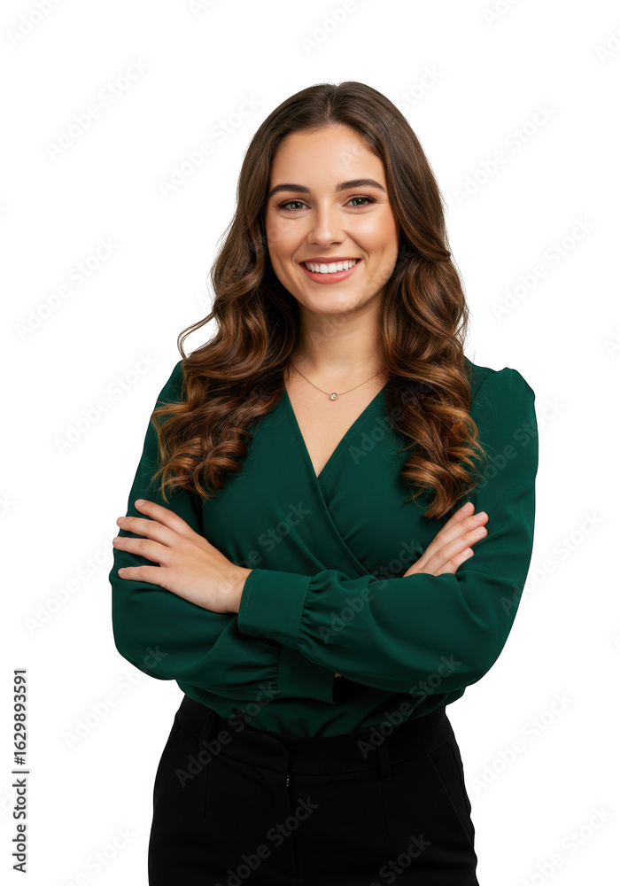 Smiling young woman with long wavy brown hair wearing a green blouse isolated on transparent background Smiling young woman with long wavy brown hair wearing a green blouse isolated on transparent background