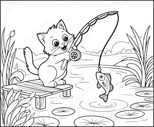 Cute adorable cat catching fish by rod in the river vector outline illustration coloring pages for kids