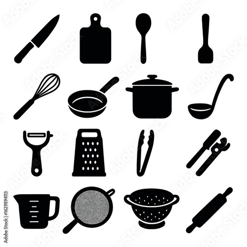 Silhouette kitchen utensils set with knife, spoon, pot, and more