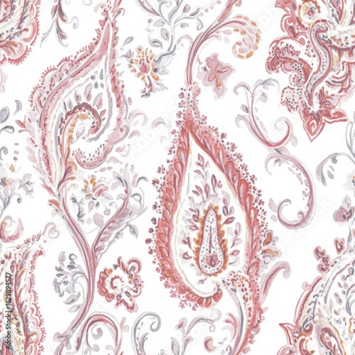 A patterned fabric with a paisley design in pink and white
