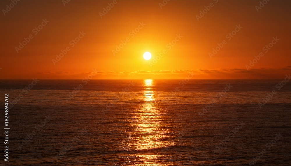 Fototapeta premium glowing sun rising over a calm sea in warm amber and burnt orange tones