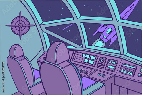 View from spaceship cockpit with two seats and control panel looking out at a purple rocket in space