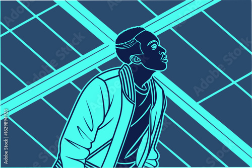 Stylized illustration of a young black man in a jacket looking up against a geometric blue background