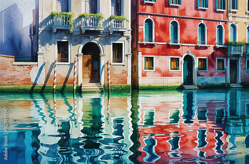 Artistic digital painting of colorful historic buildings in Venice, with vibrant facades and balconies reflected in rippling canal water.
