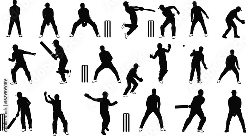 Cricket action silhouettes of players, batsman, bowler, wicketkeeper, fielders, vector sports illustration, isolated black figure.eps