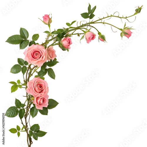 Fototapeta Naklejka Na Ścianę i Meble -  Elegant pink rose vine corner design with delicate blooms and green leaves.