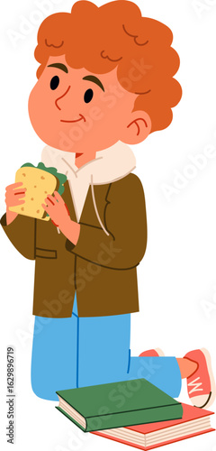 Boy Eating Sandwich on Knees