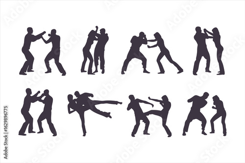 Set of man and woman fighting silhouettes. Martial arts and self-defense combat icons for a training manual, poster, or security concept.