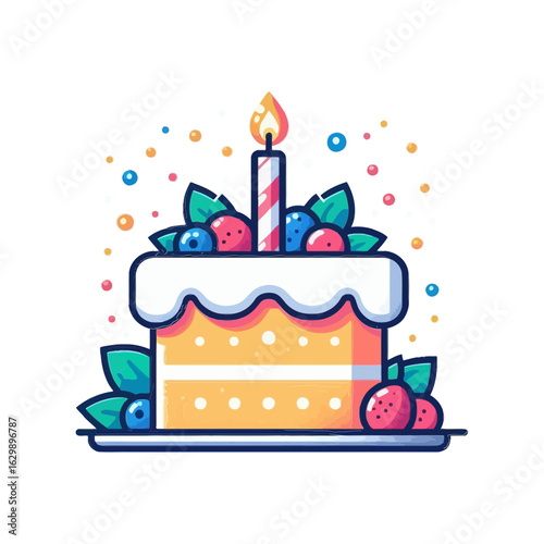 A vibrant cartoon illustration of a birthday cake with berries, white frosting, and a lit candle. Ideal for websites or blogs about baking, celebrations, or events.


