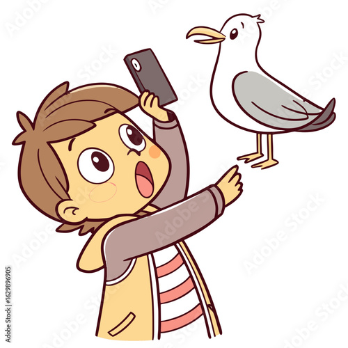 Surprised Boy Taking Selfie with Seagull Illustration.Perfect for: Beach Holidays, Funny Travel Moments, Summer Memories