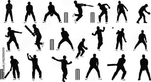 Cricket silhouettes of players in action, batsman, bowler, fielder, wicketkeeper, stumps, vector illustration, black isolated sports figures.eps
