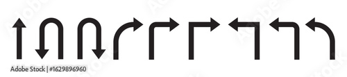 Set of black directional arrow icons including U turn, right turn, left turn, and straight arrows. Simple vector signs for traffic, navigation, and road directions.