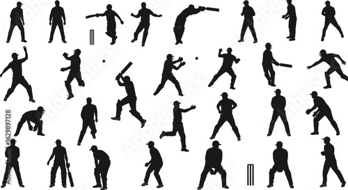 : Cricket players silhouettes, cricket game action poses, batsman, bowler, wicketkeeper, fielding positions, cricket sport vector illustration, isolated black figures.eps