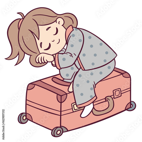 Girl Napping on Top of Suitcase During Trip.Perfect for: Airport Ads, Travel Fatigue Awareness, Long Journey Tips