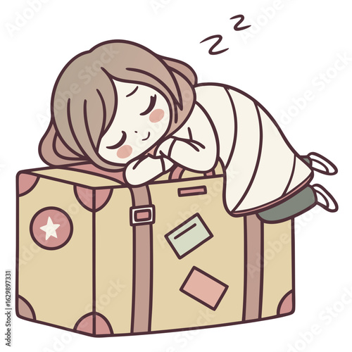 Girl Napping on Top of Suitcase During Trip.Perfect for: Airport Ads, Travel Fatigue Awareness, Long Journey Tips