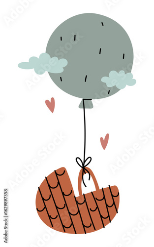 A wicker basket on a hot air balloon flies into the clouds. A basket with a baby, delivered to the parents. A flat color illustration. Birthday, baby at home. Retro colors for the first day at home