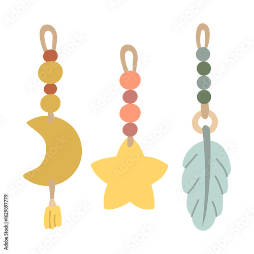 set of single pendants for a stroller. Beads with moon, star, feather. flat colored isolated illustration. A pendant for a stroller for the youngest children to play with. cute of children's toys