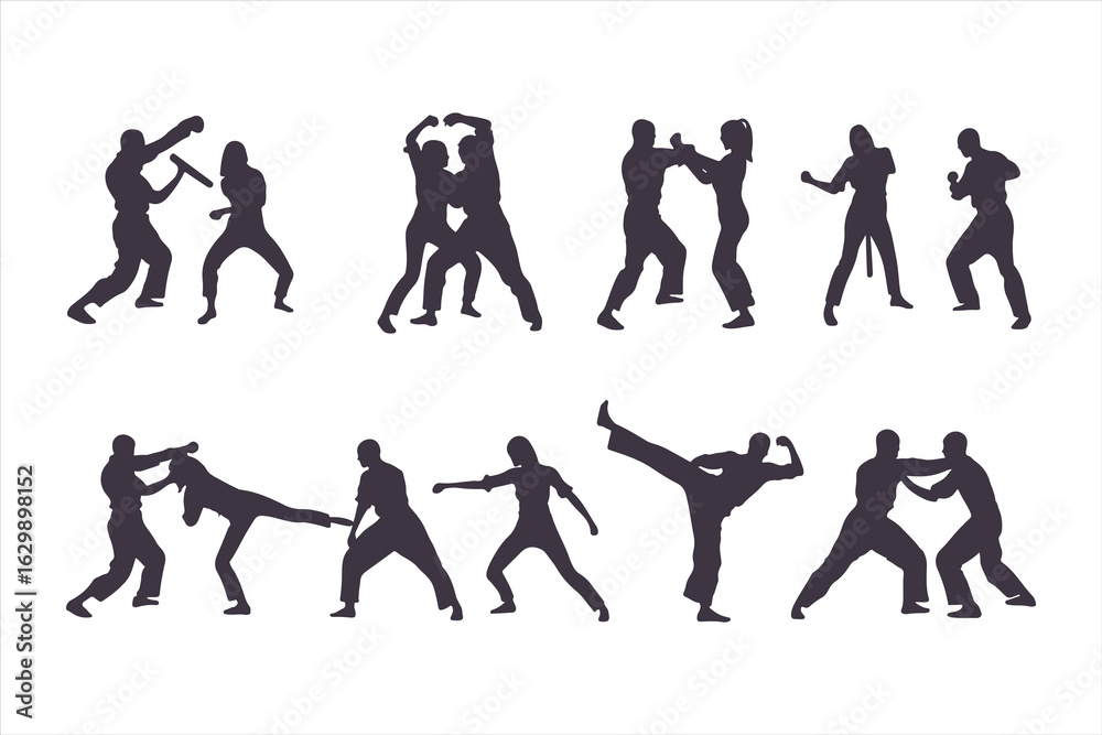 Obraz premium Set of man and woman fighting silhouettes. Martial arts and self-defense combat icons for a training manual, poster, or security concept.