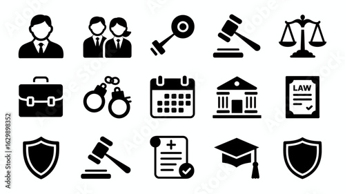 Collection of legal and justice icons silhouette isolated on white background