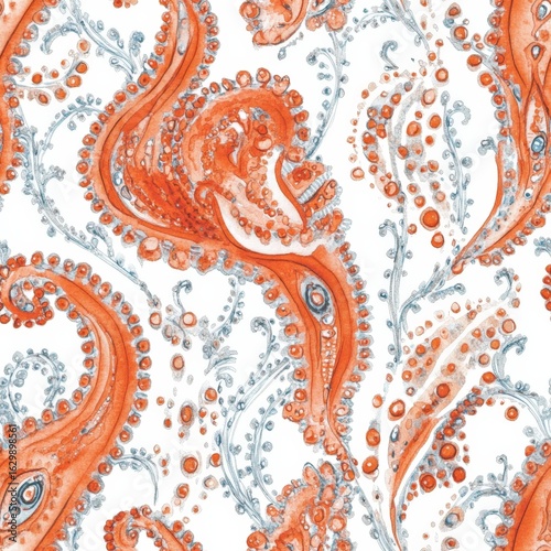 A pattern of orange and blue flowers with a blue and white background