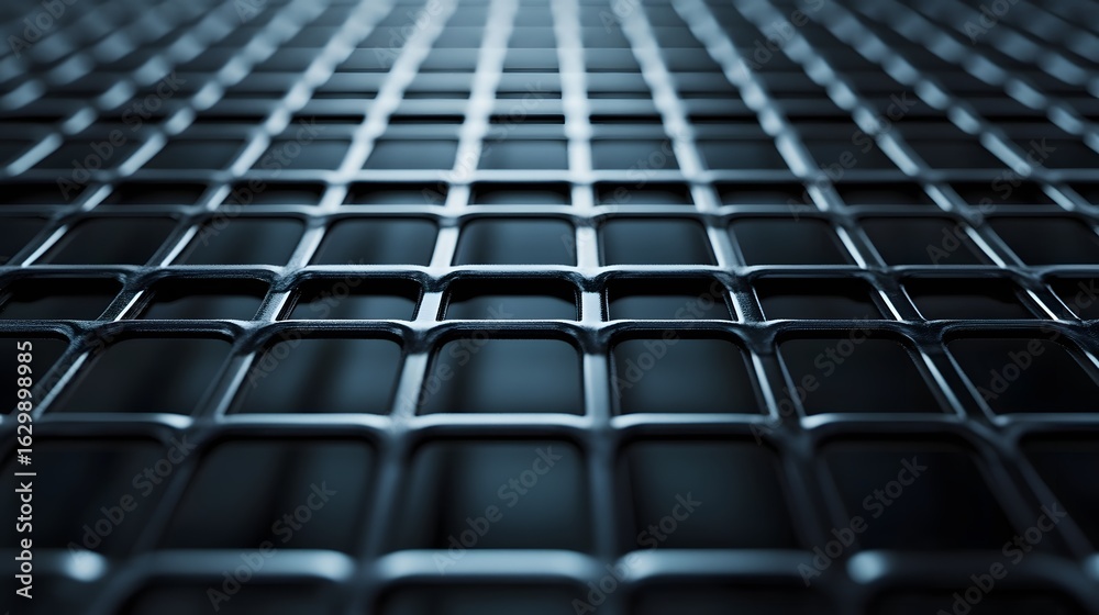 Fototapeta premium 3D render of a dark, repeating black grid pattern with cool blue highlights.