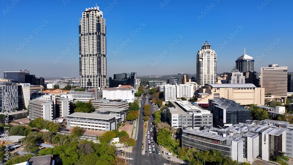 Fototapeta premium Sandton Skyline In Johannesburg Gauteng South Africa. Aerial View Of A Bustling Downtown Cityscape With Modern Buildings. Industry Skyline Commercial Building Awesome.
