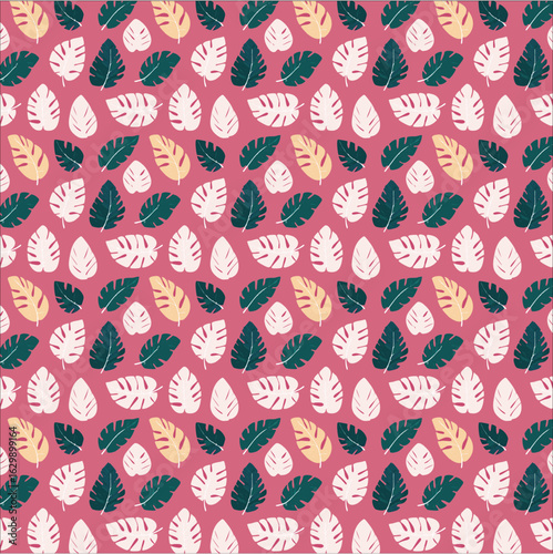 pattern of colorful, tropical leaves illustrated on a hot pink background