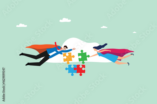 Superhero Teamwork for Business Solutions solving puzzle illustration