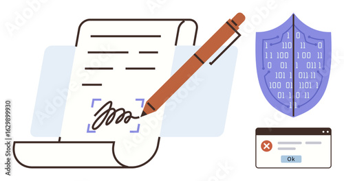 Scroll with a signature and pen, shield with binary code, and error notification window. Ideal for data security, digital contracts, authentication, encryption, online agreements, cybersecurity