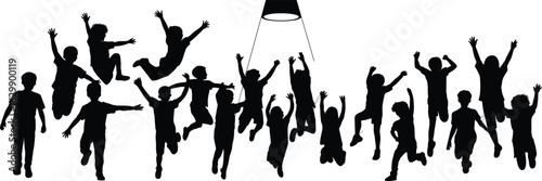 Group of kids jumping, silhouettes of children playing, spotlight center, joyful moment, childhood energy, happiness, teamwork, fun, freedom, activity.eps