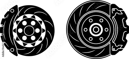 Powerful black silhouette of a car brake disc and caliper, perfect for automotive logos, performance designs, and mechanical artwork