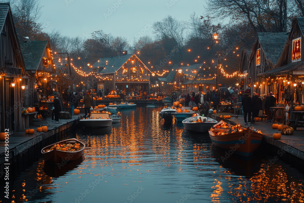Fototapeta premium Boats sailing along a bustling canal with people onboard.